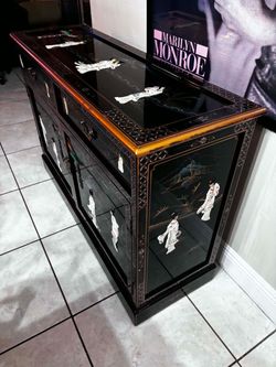 Vintage Oriental Black Lacquer Buffet Inlaid with Mother of Pearl With Glass Top-48”Lx17”Wx32”H