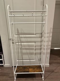 White Metal Clothing Rack with Wood Shelf and Shoe Storage