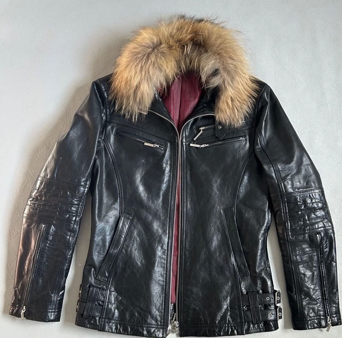 A.S.M Buffalo Leather Jacket Slim Black Y2K Riders Jacket REAL FUR.