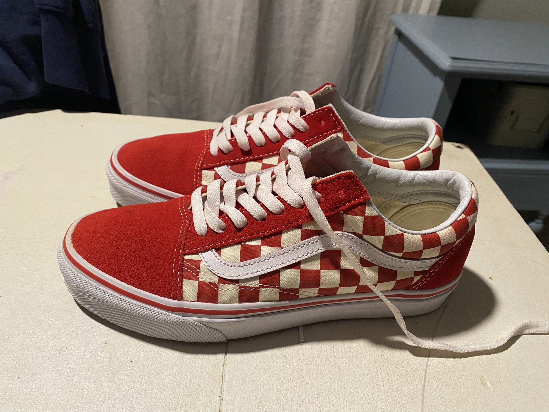 Red and White Checker Board Low Top Vans