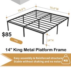 14”  King  Bed Frame No Box Spring Needed, Heavy Duty Metal Platform with Steel Slats, Noise Free, Black, Mattress Not Included