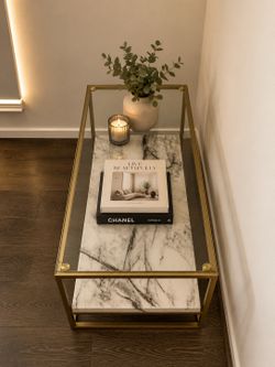 Modern Glass Coffee Table with Marble Shelf & Gold Accents ✨
