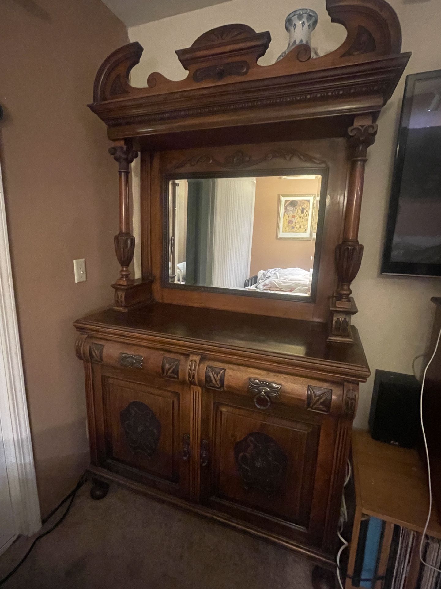 Carved Mahogany Wood Mirrored Cabinet Vintage - Free Delivery