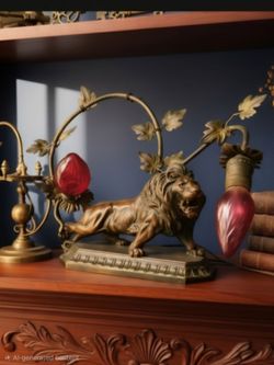 Antique 1890s to early 1900 Art Nouveau Lion Bronze Floral Vine Elements Lamp  12"×16"