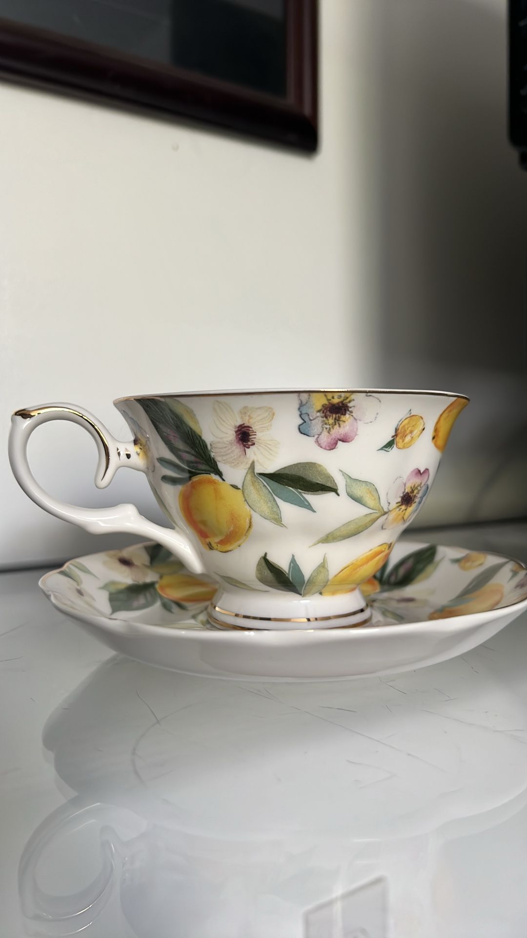 Tea cup and saucer- Lemon and Floral fine porcelain