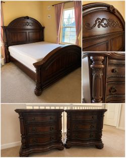 Luxury California King / King Bedroom Set – Solid Wood Bed Frame + 2 Matching Nightstands