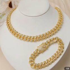 2pcs Stainless Steel 18 k gold plated Golden Rhinestones Necklace & Bracelet, Hip Hop