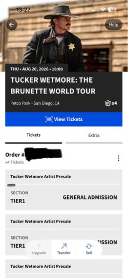 4 Tucker Wetmore Tickets for tonight