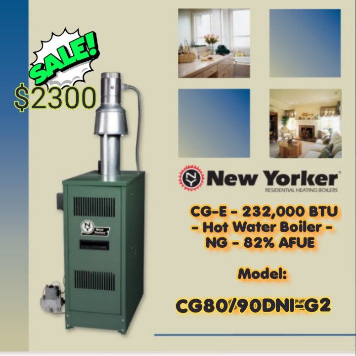 New Yorker CG-E - 232,000/266000 BTU - Hot Water Boiler - NG - 82% AFUE - Chimney Vented - Up to 2,000 Ft.
Model:
CG80/90DNI-G2