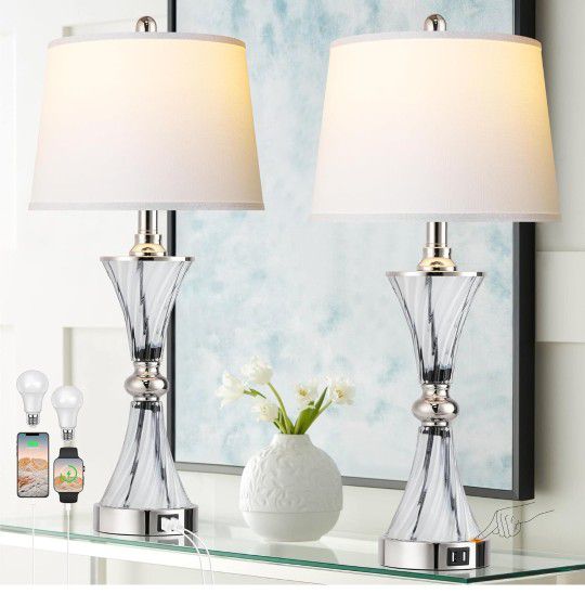 3-Way Dimmable Touch Coastal Glass Bedside Table Lamps for Bedroom Set of 2 with 2 USB ports,Modern Grey White Living Room Lamps for End Table,Nightst