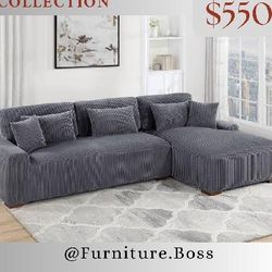 Grey Sectional Sofa With Soft Corduroy Fabric And Chaise Lounge $550