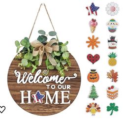 
Interchangeable Seasonal Welcome Sign Front Door Decoration, Rustic Round Wood Wreaths Wall Hanging Outdoor, Farmhouse, Porch, for Spring Summer Fall