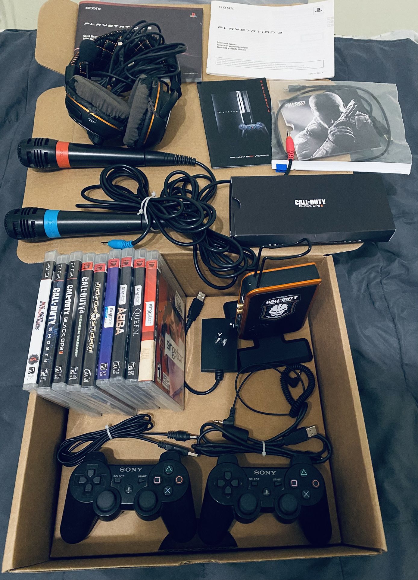 PS3 bundle lot games, microphones, headsets pamphlets, controllers, all original fully functioning. Please check out photos and read description.
