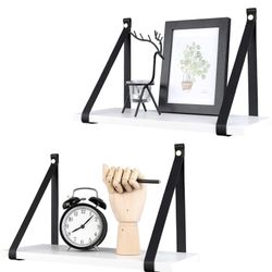 New White Floating Shelves Wall PU Leather Strap for Bathroom Bedroom, Living Room, Kitchen, Set of 2 Solid Wood Hanging Plant Shelf Over Toilet, Mode