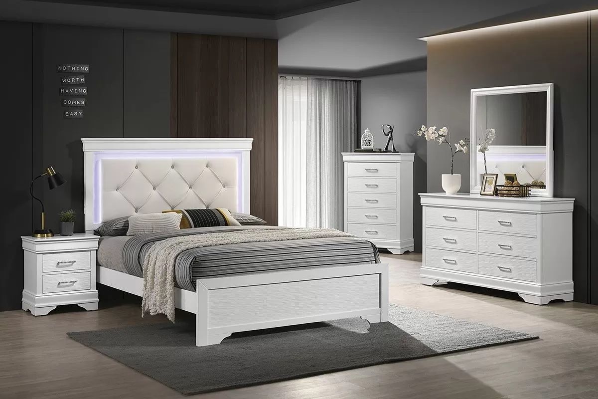 4PC White Queen Bedroom Set w/ LED Lights 🔥SALE🔥