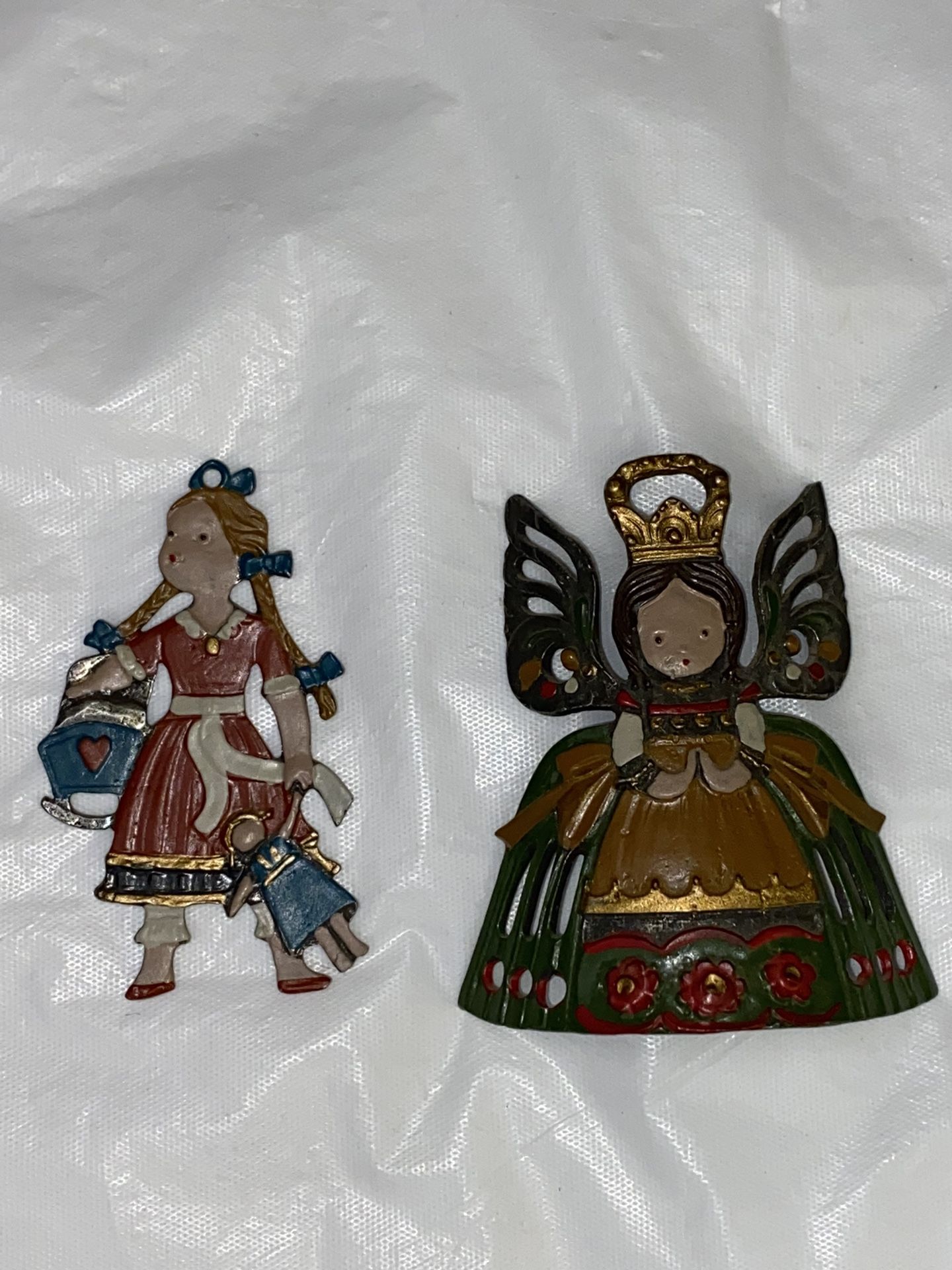 2 Antique Angel & Girl With Doll Kuhn Zinn Pewter Christmas Ornament Germany