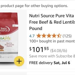 Nutri Source Pure Vita Grain Free Beef and Red Lentils, 25 pound bag