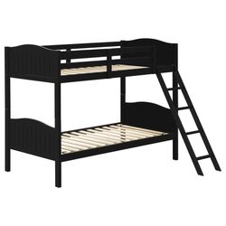 🏝 Twin - Twin Bunk Bed, Black, Gray, White And Brown Color, (No Mattresses)
