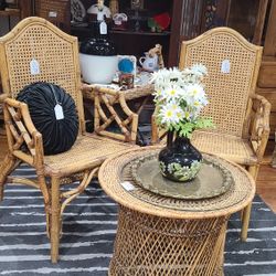 Rare Chippendale Bamboo Cane Wicker Chairs & Rattan Table