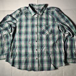 Pre Owned Good Last Photo  I have not tried to remove marks Zumba Wear Fitness  Button Long Sleeve Shirt  Plaid  Printed Embroidered  Green Blue White