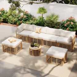 7 Pieces Outdoor Patio Furniture, All-Weather Rattan Sectional Sofa Set with Thick Cushions and Pillows, Freely Combined Conversation Sets for Gard