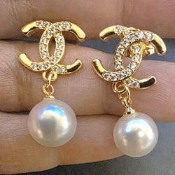 Gold-Tone Pearl Drop Logo Stud Earrings - Crystal Accents