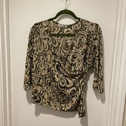 Dressbarn Petite Faux Wrap Brown Floral Print Blouse Size Large 