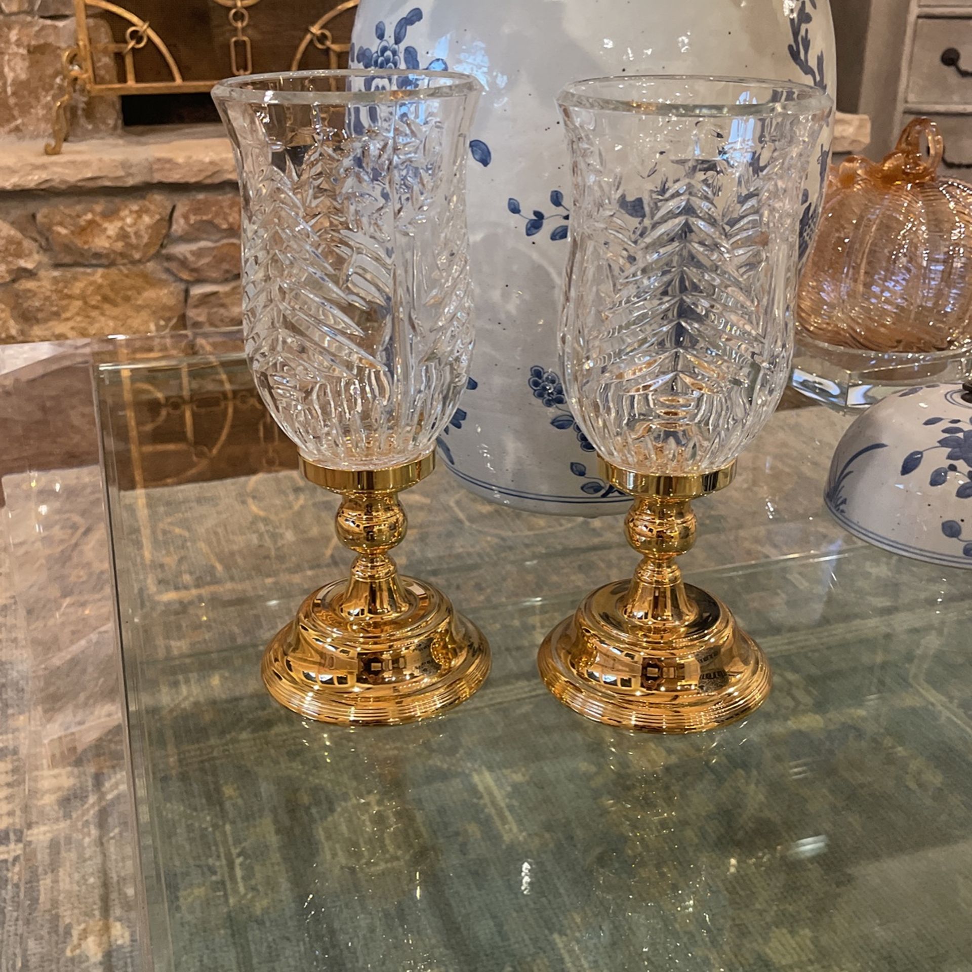 2 Vintage Gold Crystal Christmas Tree Hurricane