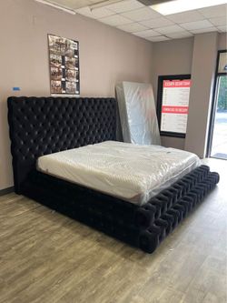 💥 Black & Gray Luxury Tufted Upholstered Velvet King & Queen Size Step Platform Bed Frame W/ Tall Headboard - Opt Mattress | Pickup & Delivery 🚚