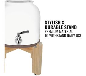 Geo Sports Porcelain Ceramic Crock Water Dispenser, 8 Inch Wood Stand, Stainless Steel Faucet, Fits 3 to 5 Gallon Jugs. (White)