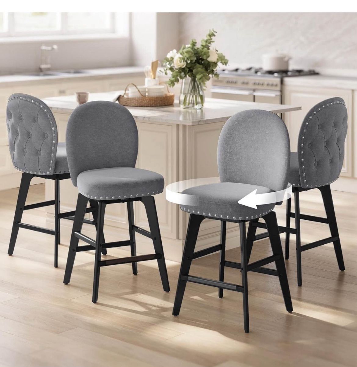 Bar Stools Set of 4, Swivel Counter Height Bar Stools with Back and Wood Legs, Chenille Fabric Upholstered Barstools, 26.2-Inch Tall