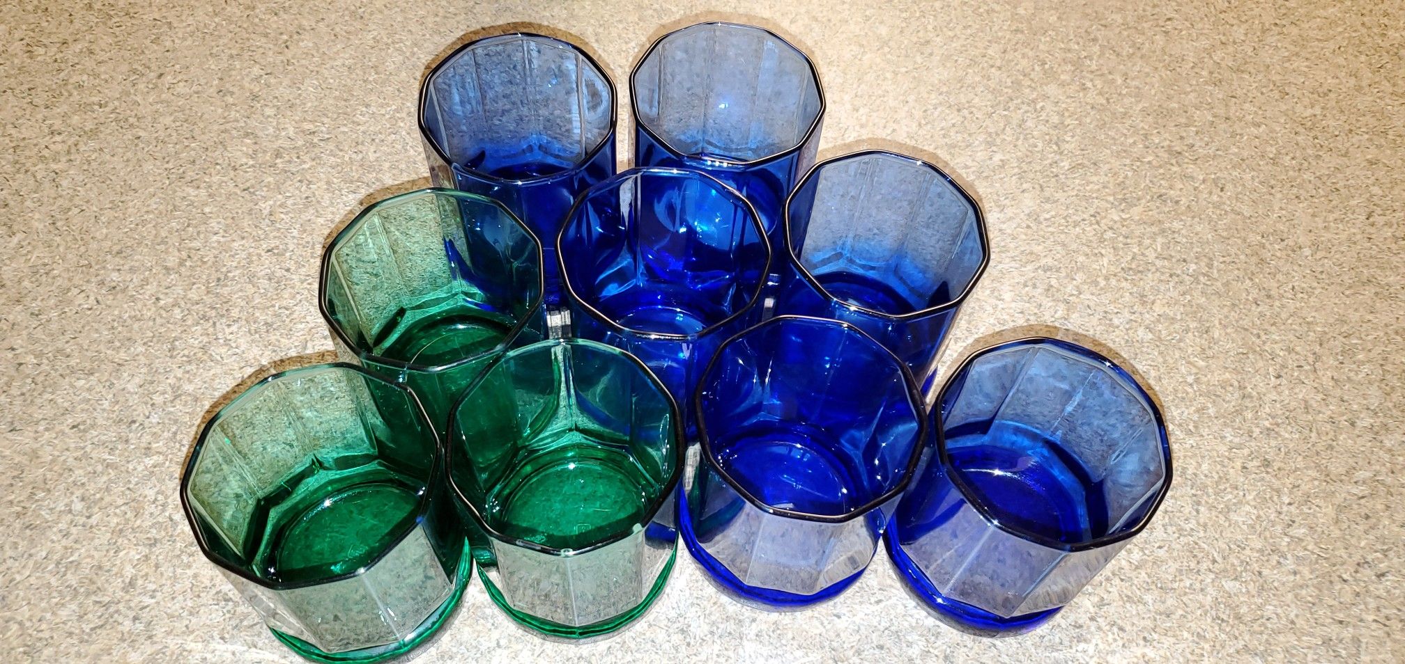 (9) Anchor Hocking Cobalt Blue & Juniper Green Essex 10 Panel Double Old Fashioned Glasses Made in the USA