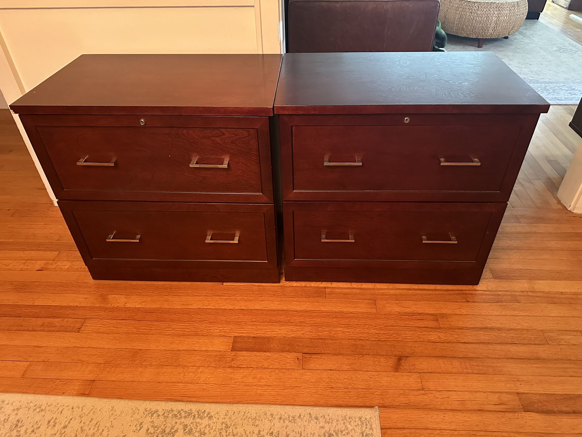 Two Matching Wooden Cherry Lockable Filing Cabinets Or Drawers