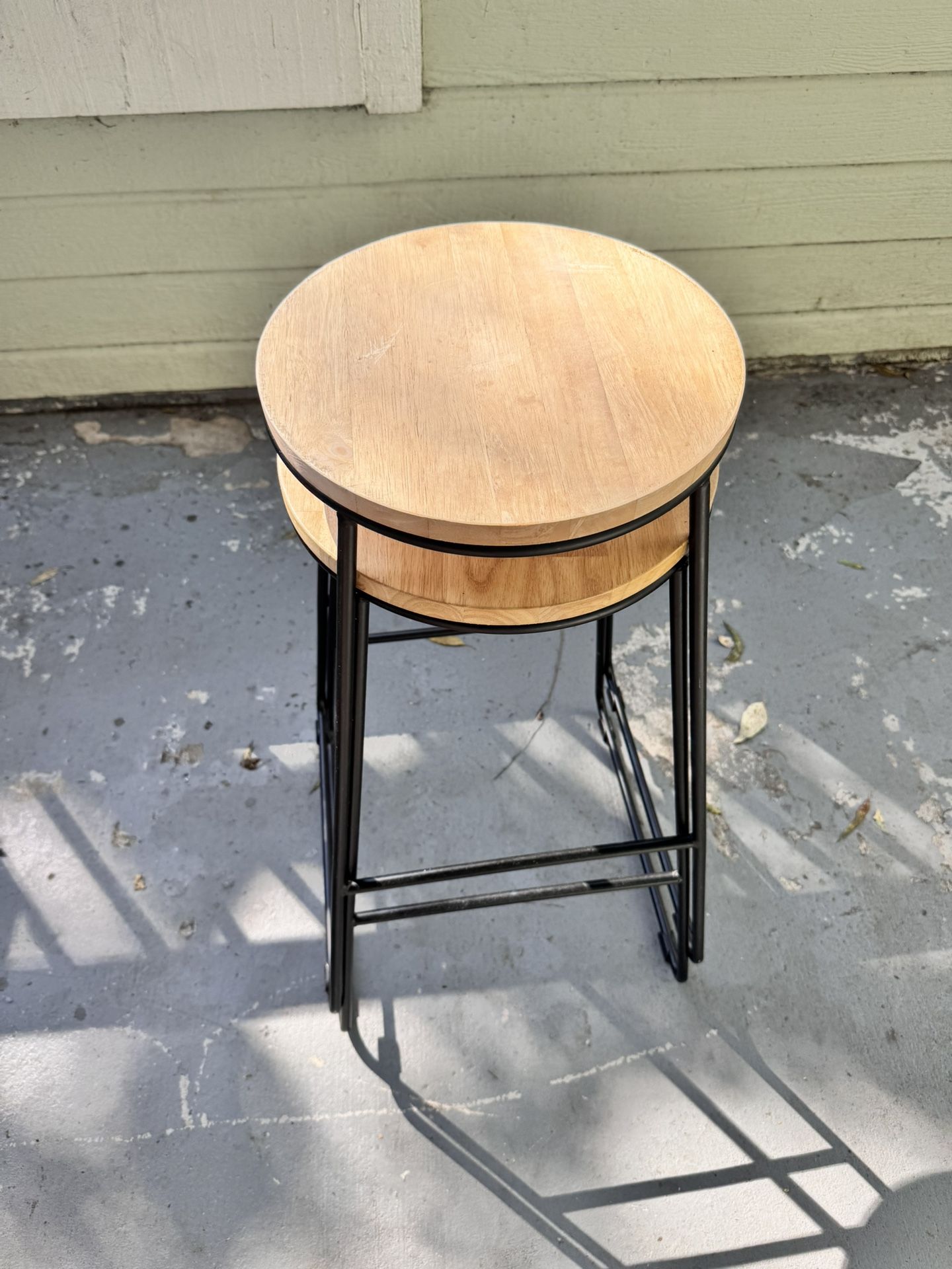 Backless Stool Black Metal Base with Natural Wood Seat