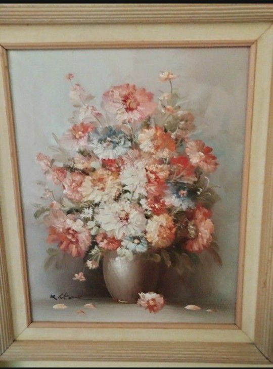 K. Stone Floral Oil-On-Canvas Heavy Textured Framed Painting -Signed by Artist