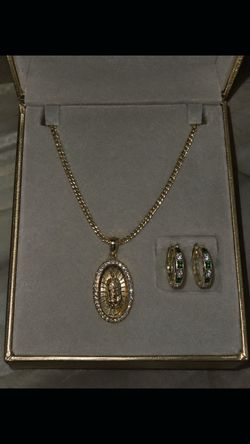 Gold Virgin Mary Necklace and Hoop Earrings Set