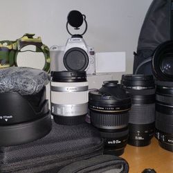 WHITE CANON EOS REBEL Sl2 DSLR CAMERA EXTRA LENS AND MORE.
