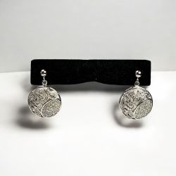 Silver-Tone Filigree Oval Disc Drop Earrings With Sparkling Accents