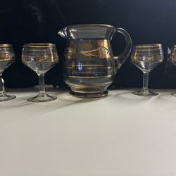Vintage Gold Trim Pitcher And Glass Set