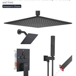VANFOXLE Shower Faucet Set Matte Black Shower System,Shower Faucet with 2 in 1 Handheld,Ceiling Mount 16 Inch Shower Head+6 Inch Shower Head