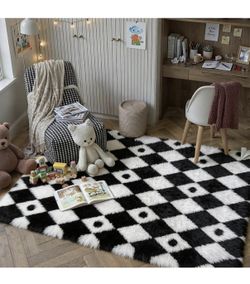 Checkered Rug 8x10 for Kids Room Black and White Soft Shag Rugs