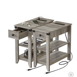 Set of 2 End Tables, Narrow Side Table with Charging Station, Nightstand