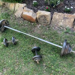 Barbell, dumbbells, collars, 135 lbs of plates super adjustable!