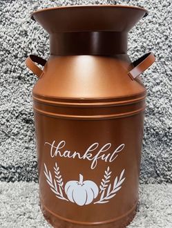 Fall Decor Milkcan Vase Kitchen Utensil Holder "Thankful" Copper Color Pumpkin