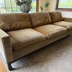 MARKED DOWN TO MOVE QUICKLY- Mid century suede / teak sofa
