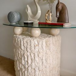 Postmodern 1980s design table freeform tessellated stone base glass top console