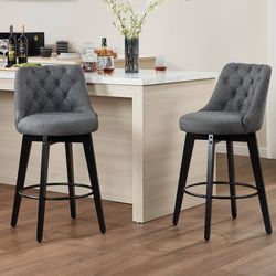 Swivel Bar Stools Set of 2, Linen Counter Height Bar Stool with Back, Upholstered Bar Stools for Kitchen Island, Dining, Cafe, Pub (Grey)