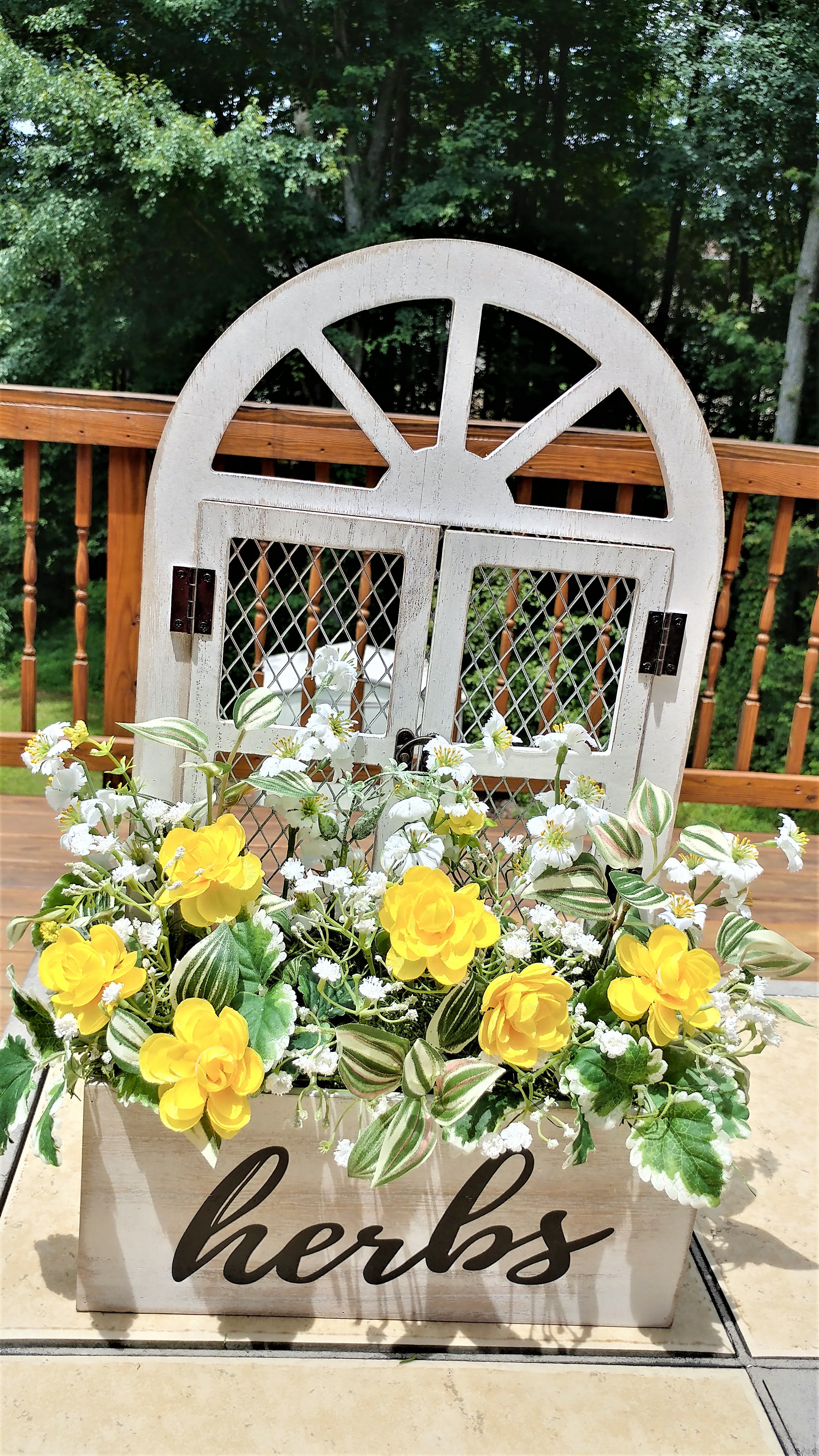 Rustic White Wooden Hanging Wall Planter with Yellow and White