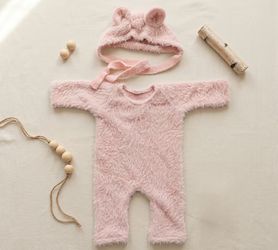 Newborn Pink Fuzzy Baby Romper with Bear Ear Bonnet