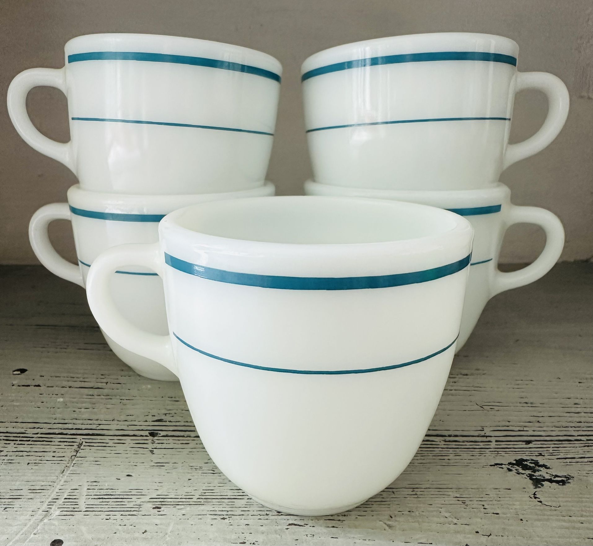 Vintage Pyrex tableware Aqua/Teal Stripe Coffee Mug / Cup. 5 available $13 each or $50 for all 5.  No chips and no cracks, really good condition. 